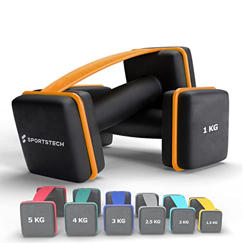 Mancuernas SPORTSTECH con correa | 7 pares de mancuernas, pesos: 1, 1.5, 2, 2.5, 3, 4, y 5 kg | Mancuernas para adultos y niños | Fitness en casa y al aire libre | AH100 (1 Kilogramo)