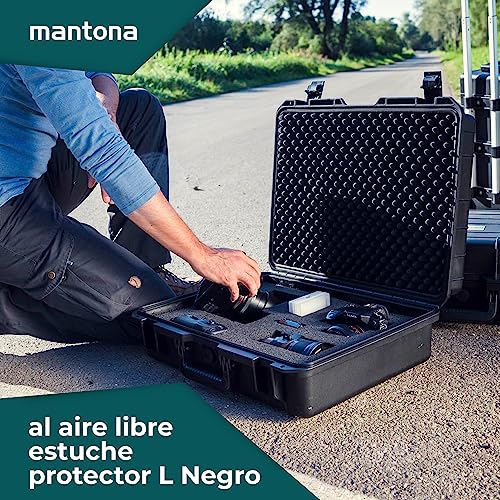 Mantona Maleta para exterior L - resistente al agua, a prueba de golpes y apilable para equipos valiosos, incl. las inserciones de espuma que se pueden cortar a medida y una válvula de ecualización