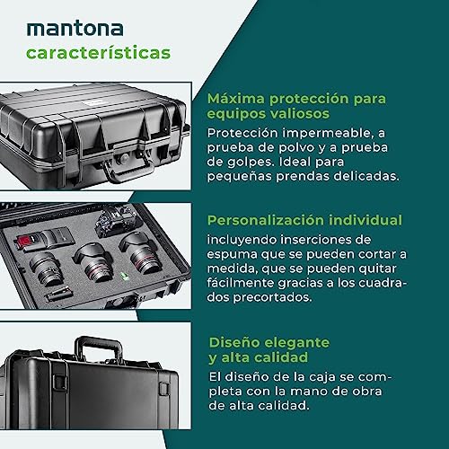 Mantona Maleta para exterior L - resistente al agua, a prueba de golpes y apilable para equipos valiosos, incl. las inserciones de espuma que se pueden cortar a medida y una válvula de ecualización