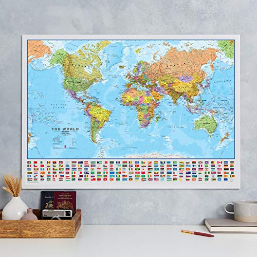 Maps International - Mapa del mundo con banderas, laminado, 84,1 cm de ancho x 59,4 cm de alto