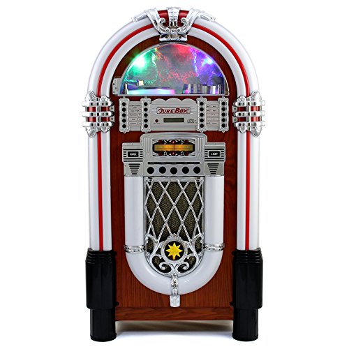 Máquina de Discos Retro Tocadiscos Años 1950 Jukebox Estilo Vintage Pantalla LCD Luces CD, USB, Memory Card SD/MMC, Radio AM FM, MP3, Bluetooth, AUX, Entretenimiento para Bares Pubs con Mando GRATIS