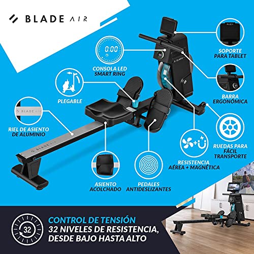 Máquina de Remo Blade Air de Bluefin Fitness/Kinomap/Máquinas de Remo para Casa/Plegable, Fácil de Guardar/Consola Digital LCD/App para Smartphone/Gimnasio Plegable para Casa