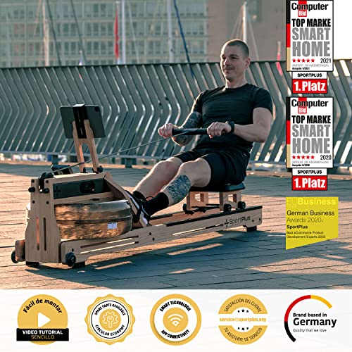 Máquina de Remo SportPlus Home - Resistencia al Agua - Madera Maciza (Roble) - Ordenador de Entrenamiento, Compatible con Aplicaciones, Soporte para Tableta