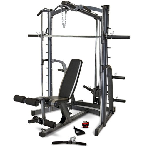 Marcy MWB1282 Platinum – Press de banca con barra guiada Smith - Squat Rack Sentadillas - Banco de musculación con Curl de piernas - Jaula de musculación multifunción con poleas alta y baja - Barra EZ Pulldown – Accesorios incluidos