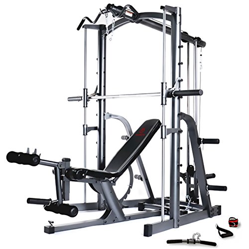 Marcy MWB1282 Platinum – Press de banca con barra guiada Smith - Squat Rack Sentadillas - Banco de musculación con Curl de piernas - Jaula de musculación multifunción con poleas alta y baja - Barra EZ Pulldown – Accesorios incluidos