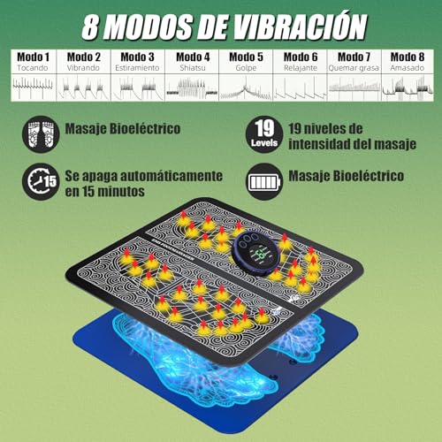 Masajeador de Pies Eléctrico, Masajeador pies con Tecnología EMS para Circulación y Relajación 8 Modos, 19 Niveles de Intensidad Ajustable para Alivio del Dolor y Mejora de la Circulación Sanguínea