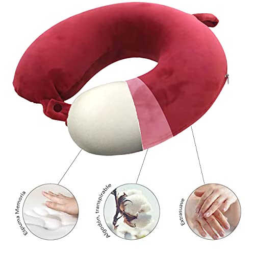 MASMAS Almohada de Viaje, Almohada para Cuello Viscoelástica de Espuma Memoria, Cómoda para la Cervical, Ortopédica Soporte de Nuca para Viajar Coche Avión Bus (Tinto)