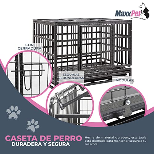 MaxxPet Jaula Perro de Metal y Manta de Lujo - Jaula de Transporte sobre Ruedas. 2 Puertas con Cerradura – Bandeja Extraíble. 50 kg – 94 x 59 x 75 cm