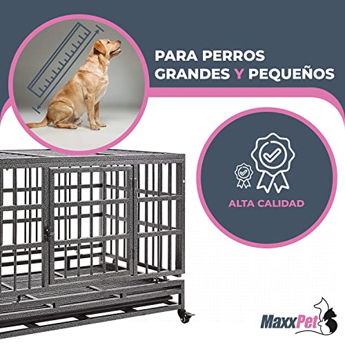 MaxxPet Jaula Perro de Metal y Manta de Lujo - Jaula de Transporte sobre Ruedas. 2 Puertas con Cerradura – Bandeja Extraíble. 50 kg – 94 x 59 x 75 cm