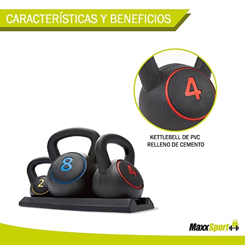 MaxxSport PVC Kettlebells - Soportes de bolas - Set de pesas de fitness - Set de 3 Kettlebell - 2, 4 y 8 kg