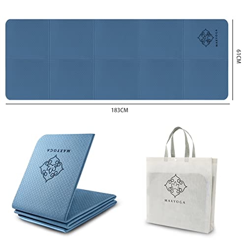 MAXYOGA® Esterilla Doblable para Yoga Colchoneta Yoga Mat Antideslizante y Ligera de Material Ecológico TPE. Tamaño Ideal 183cm x 61cm x 6mm. (Azul)