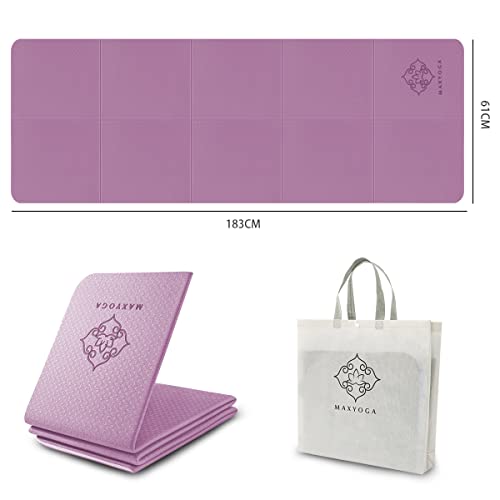 MAXYOGA® Esterilla Doblable para Yoga Colchoneta Yoga Mat Antideslizante y Ligera de Material Ecológico TPE. Tamaño Ideal 183cm x 61cm x 6mm. (Morado)