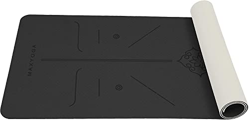 MAXYOGA® MaxDirect Esterilla Yoga con Sistema de Alineación y Marcados. Colchoneta Yoga Mat Antideslizante y Ligera de Material Ecológico TPE. Tamaño Ideal 183cm x 61cm x 6mm. - Negro