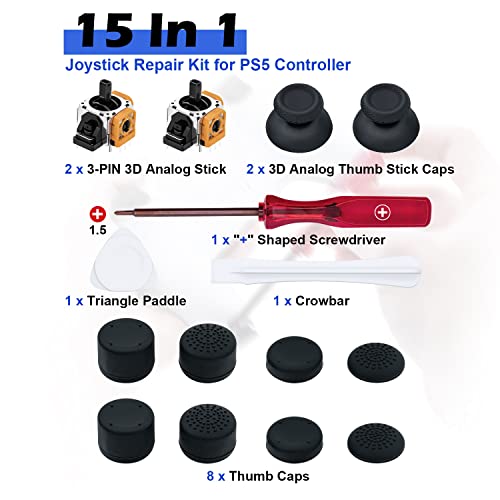 Mcbazel 15 en 1 Joystick Kit de Reparación de Repuesto para PS5 DualSense Controlador con Destornilladores, palanca analógica de 3 pines, tapa analógica para el pulgar, thumbstick