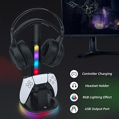 Mcbazel Estación de Carga y Soporte de Auriculares para Mandos PS5 DualSense y Auriculares Inalámbricos, Iluminación RGB Versátil