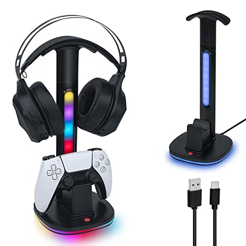 Mcbazel Estación de Carga y Soporte de Auriculares para Mandos PS5 DualSense y Auriculares Inalámbricos, Iluminación RGB Versátil