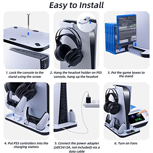 Mcbazel Soporte de refrigeración y Carga PS5 con Colgador para Auriculares, estación de Carga de Controladores duales con indicador LED y Ranuras de Almacenamiento de Discos para (No para PS5 Slim)