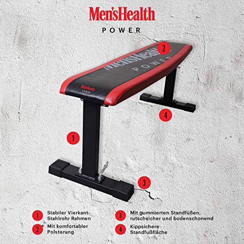 Men's Health POWER Banco de pesas plano (Flat Bench) | Banco de entrenamiento para entrenamiento de la parte superior del cuerpo, antideslizante y sin tambaleos.