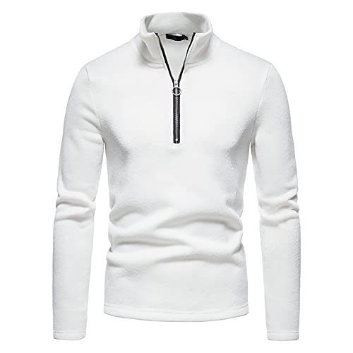 Mens Sweatshirt Solid Colour Zip Placket High Collar Mens Pullover Urban Temperament Casual Mens Sweatshirt Fashion Boutique Long Sleeve Mens Pullover C-White S