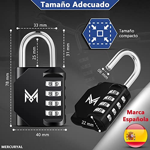 MERCURYAL Candado Combinacion - Candado Taquilla - Candados Seguridad 4 Dígitos - 1/2 UDS en Color Negro - Candado Maleta, Gimnasio, Cajones, Gym (1 Unidad, Negro)