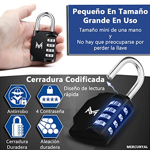 MERCURYAL Candado Combinacion - Candado Taquilla - Candados Seguridad 4 Dígitos - 1/2 UDS en Color Negro - Candado Maleta, Gimnasio, Cajones, Gym (1 Unidad, Negro)