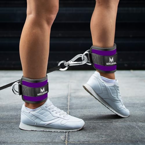 MERCURYAL Pack 2 Tobilleras Poleas Gym - Tobillera para Polea Acolchada de Velcro para Mujeres y Hombres - Correa Tobillos Gym para Máquina de Cable Fitness y Gimnasio (Morado)