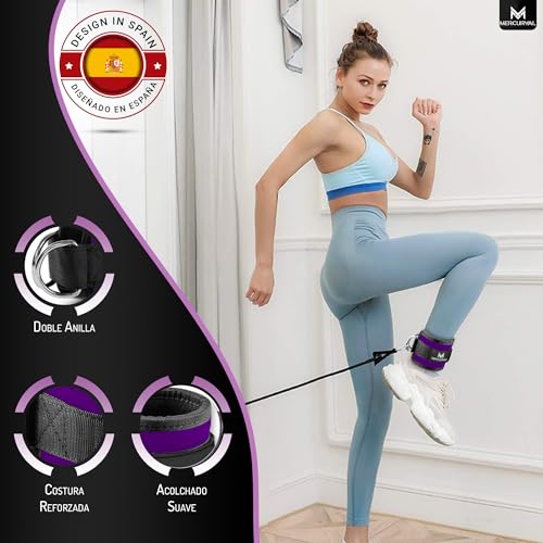 MERCURYAL Pack 2 Tobilleras Poleas Gym - Tobillera para Polea Acolchada de Velcro para Mujeres y Hombres - Correa Tobillos Gym para Máquina de Cable Fitness y Gimnasio (Morado)