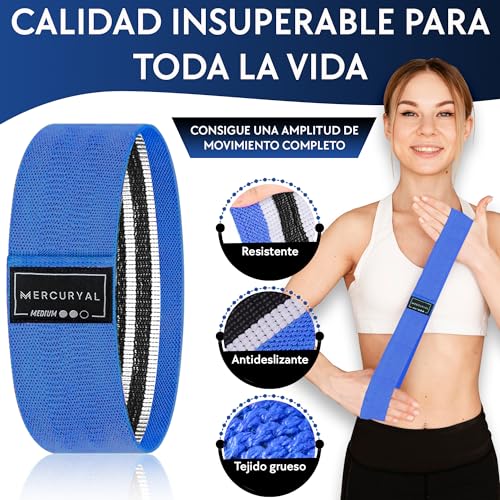 MERCURYAL Pack de 3 Bandas Elasticas Musculacion - Bandas Elasticas Gluteos - Bandas elasticas Fitness Antideslizantes - Bandas Gluteo - Cintas Elasticas Musculacion (Negro, Azul, Azul Claro)