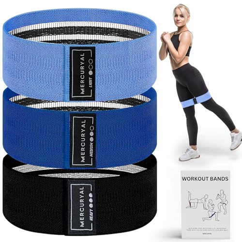 MERCURYAL Pack de 3 Bandas Elasticas Musculacion - Bandas Elasticas Gluteos - Bandas elasticas Fitness Antideslizantes - Bandas Gluteo - Cintas Elasticas Musculacion (Negro, Azul, Azul Claro)