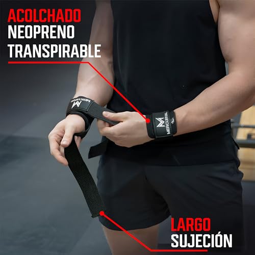 MERCURYAL Straps Gym con Muñequera para Levantamiento de Pesas y Powerlifting - Muñequeras Gym - Lifting Straps - Correas de Agarre - Agarraderas de Gimnasio para Peso Muerto (Negro)