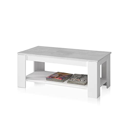 Mesa Centro con revistero, Mesa elevable, mesita Mueble Salon Comedor, Acabado en Blanco Artik y Gris Cemento, Medidas: 102 cm (Largo) x 43/54 cm (Alto) x 50 cm (Fondo)