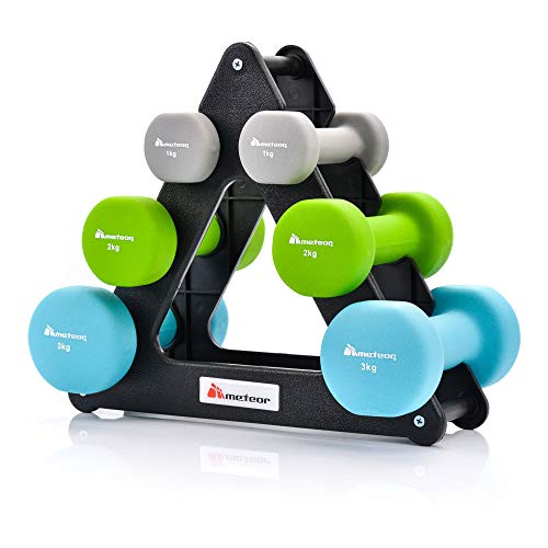 meteor Mancuernas Vinilo - Ejercicio Entrenamiento Fitness Aeróbica - Juego de 6 Mancuernas - para Mujer y Hombre para Ejercicios en Casa o en Gimnasio - 2 Sets para Elegir (Set 7 kg, Multicolor)