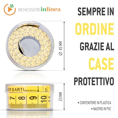 Metro para costura - BENESSERE In Linea® - Metro de sastre Amarillo Suave Con Práctico Estuche De Plástico Rígido - Cinta métrica costura Profesional Envolvente Doble Graduación 1.5 Mt