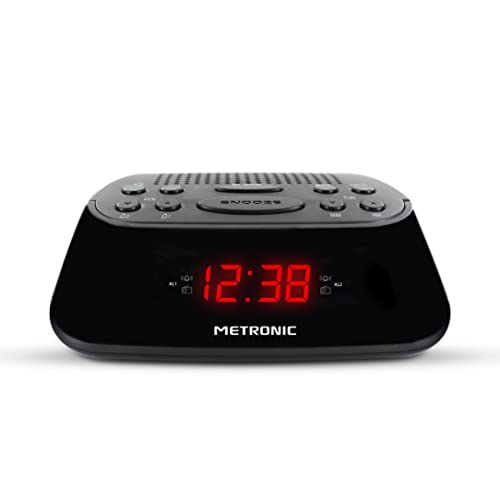 Metronic 477003 - Radio Despertador Digital con Reloj LED Rojo, pequeño, Compacto, con función Doble Alarma, Sleep/Snooze y sintonizador Radio FM con Memoria para 10 emisoras