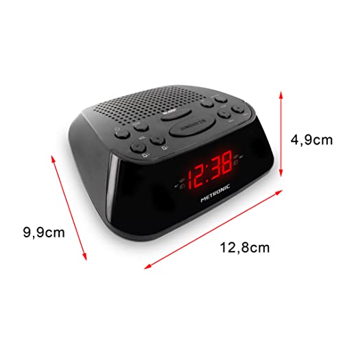 Metronic 477003 - Radio Despertador Digital con Reloj LED Rojo, pequeño, Compacto, con función Doble Alarma, Sleep/Snooze y sintonizador Radio FM con Memoria para 10 emisoras