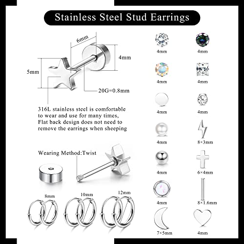 MILACOLATO 18 Pares Piercing Oreja Pendientes Mujer Pendientes Acero Inoxidable Piercing Tragus Helix Cartilago Pendientes Hombres Cartílago luna Estrella Circonita Cúbica Piercing Para Joyería