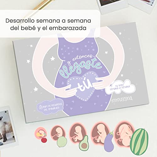 MIMUSELINA Álbum Embarazo 9 Meses "Y entonces llegaste tú" con Boli - Libro Álbum Embarazada para Fotos Recuerdo y Pensamientos - Diario de Embarazo Original con Gestograma y Stickers inclusivos