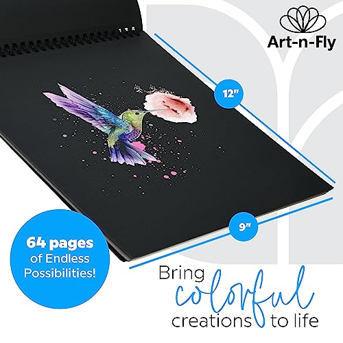 Mini negro 5,5 x 8,5 pulgadas 2 piezas, cuaderno de bocetos de papel negro para dibujos, borde perforado en espiral, 100 hojas, para lápices de colores, grafito, carbón, pasteles y bolígrafos de gel