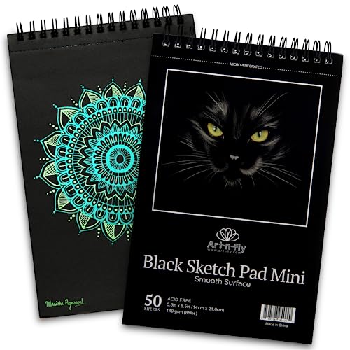 Mini negro 5,5 x 8,5 pulgadas 2 piezas, cuaderno de bocetos de papel negro para dibujos, borde perforado en espiral, 100 hojas, para lápices de colores, grafito, carbón, pasteles y bolígrafos de gel