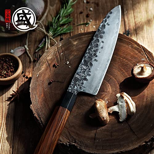 MITSUMOTO SAKARI 20 cm Cuchillos Cocina Gyuto, Cuchillo Japones de Acero de Alto Carbono, Cuchillos Cocina Profesional Forjados a Mano (Mango de Palo de Rosa y Caja de Regalo)