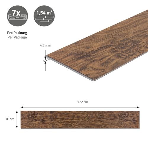 ML-Design Suelo de Vinilo PVC Instalación Mediante Sistema de Click Lamas Vinílicas de Aspecto Madera Acacia Marrón 122cm x 18cm x 4,2mm, Grosor 4,2mm, 1,54m²/7 Planchas Antideslizantes e Impermeables