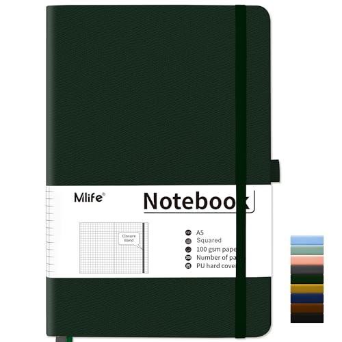 Mlife Cuaderno Cuadriculado A5,Libreta con 200 páginas,Papel grueso de 100g/m² resistente a la tinta,Bolsillo interior,Banda elástica,Cuadernos A5 Cuadriculados&Ibreta Cuadriculada(Verde)