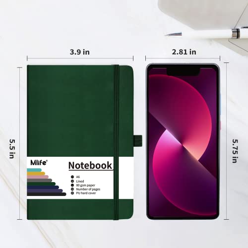 Mlife Cuaderno Rayado A6 3Pack,Libreta con 192 páginas,Papel grueso de 80g/m² resistente a la tinta,Notebook con Tapa Dura de PU,Bolsillo interior,Banda elástica,Bullet Journal&Diary(Verde)