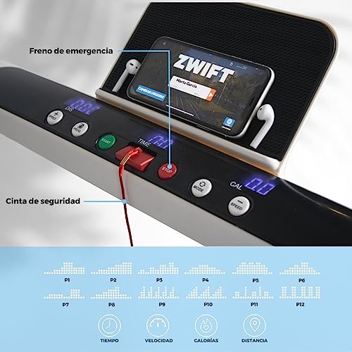 Mobiclinic, Cinta de Correr Plegable, Tibet, Ajustable 14 km/h, 1100W, Peso máx. 100 kg, Bluetooth, 20 velocidades, Display LED, Aplicación ZWIFT Entrenamiento, Soporte móvil, Parada de Emergencia