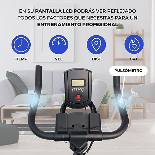 Mobiclinic® Fitness, Bicicleta de spinning, Varios niveles de resistencia, Teide, Regulable al completo, Pantalla LCD, Marca Española, Pulsómetro, Botella y portabotellas, Soporte para móvil