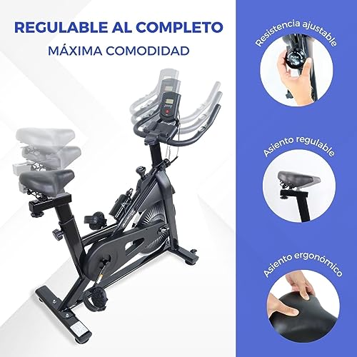 Mobiclinic® Fitness, Bicicleta de spinning, Varios niveles de resistencia, Teide, Regulable al completo, Pantalla LCD, Marca Española, Pulsómetro, Botella y portabotellas, Soporte para móvil