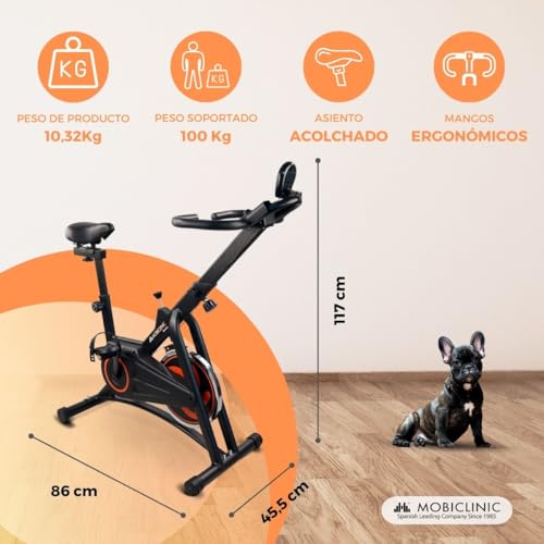 Mobiclinic® Fitness, Bicicleta de spinning, Volante inercia 10kg, Resistencia regulable, Makalu, Regulable al completo, Pantalla LCD, Marca Española, Pulsómetro, Portabotellas, Soporte para móvil