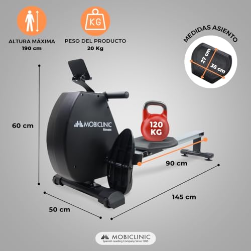 Mobiclinic® Fitness, Maquina de Remo, RowFit, 8 Niveles de Resistencia, Silencioso, Resistencia magnética, Monitor LCD, Soporte para móvil, hasta 120 kg, Volante de inercia de 6kg, Gym en casa