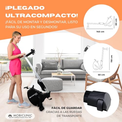 Mobiclinic® Fitness, Maquina de Remo, RowFit, 8 Niveles de Resistencia, Silencioso, Resistencia magnética, Monitor LCD, Soporte para móvil, hasta 120 kg, Volante de inercia de 6kg, Gym en casa