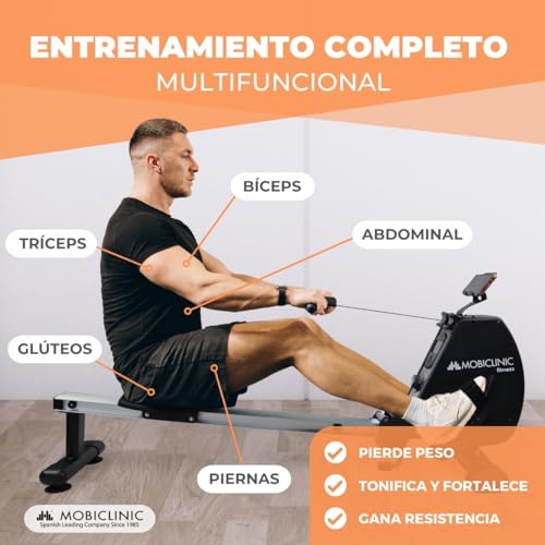 Mobiclinic® Fitness, Maquina de Remo, RowFit, 8 Niveles de Resistencia, Silencioso, Resistencia magnética, Monitor LCD, Soporte para móvil, hasta 120 kg, Volante de inercia de 6kg, Gym en casa